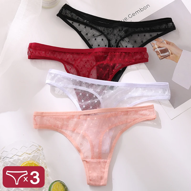 

Sexy Lace Thongs Women 3Pcs/Set Transparent G-string Panties Dots Lace T-back Underwear Fashion Female Underpants M-XL