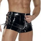 Размера плюс сексуальные боксеры для мужчин, открытая промежность, искусственная кожа белье этап ПВХ со шнурком черный Лакированная кожа трусы-боксеры нижнее белье