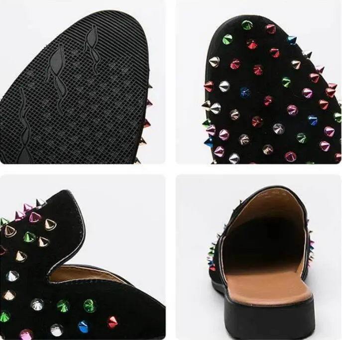 

Mules Half board Shoes Men Black Loafers Slippers Mens Leather Casual Loafer Flip Flops Lightweight Flats Sandals Color beads