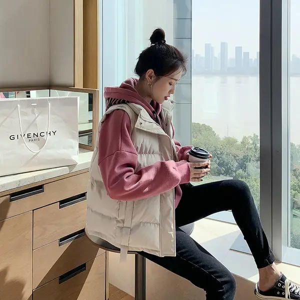 

2021 Autumn Winter Women Thick Cotton Down Vest Lady Loose Warm Cotton Padded Sleeveless Vest Female Stand Collar Waistcoat K680