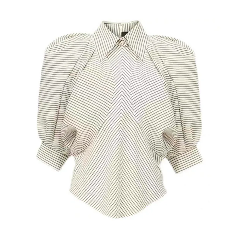 

VGH Casual Striped Shirts For Women Lapel Puff Half Sleeve Single Button Elegant Blouses Female 2021 Spring Fashion Clothing New
