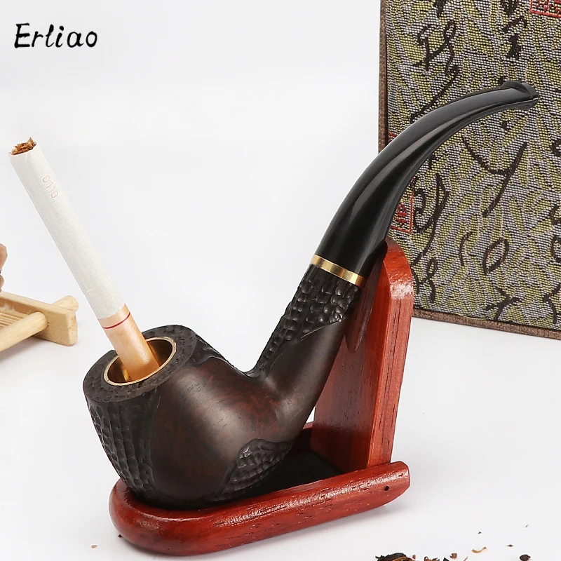 

New Handmade Smoking Pipe Metal Ring Bent Tobacco Pipe 5.5mm 8mm Wood Cigarette Holder 9mm Filter Natural Ebony Pipe For Smoking