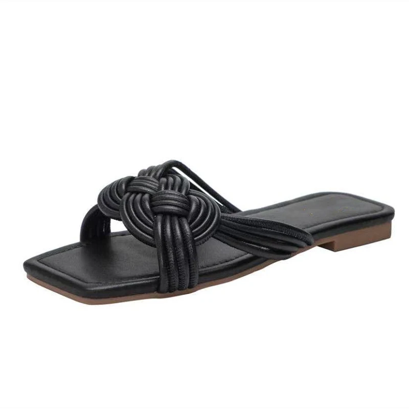 

Woven Slippers Fashion Solid Color Open Toe Flat Sandals Outdoor Summer Casual Women's Shoes Plus Size