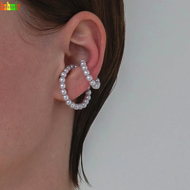 Женские серьги клипсы с жемчугом женские двойным кольцом Украшенные бусинами
