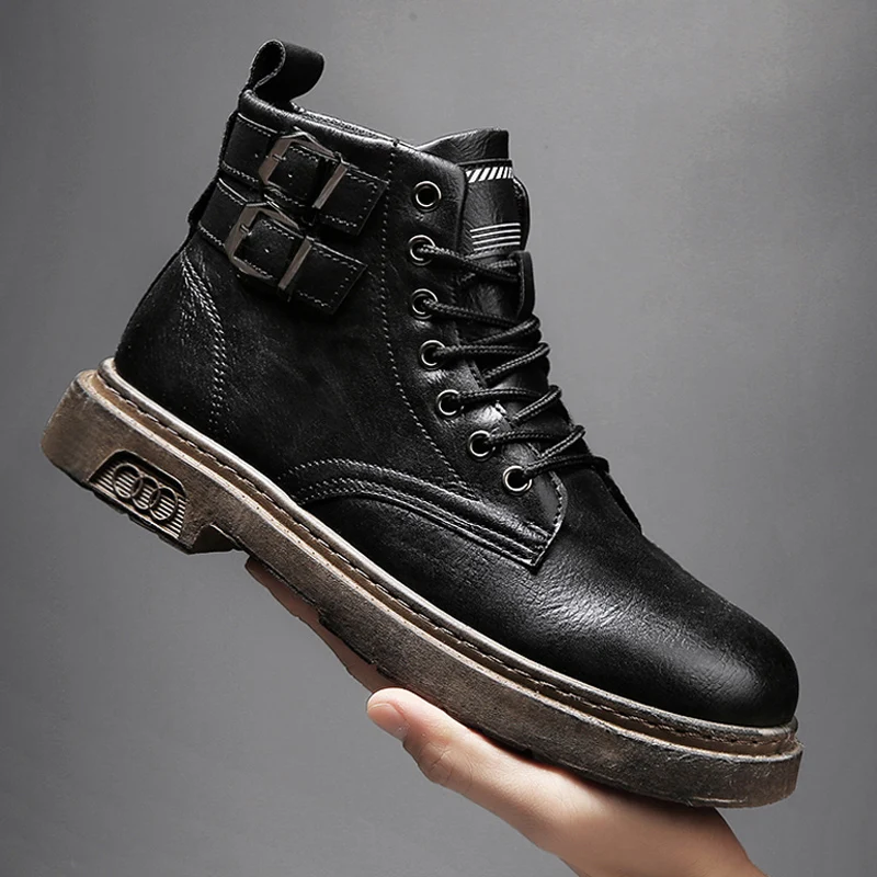 

Spring Autumn Trendy Men's Ankle Boots Vintage Microfiber Lace Up Men's Work Boots Rubber Sole Men's Boots With Two Side Buckle