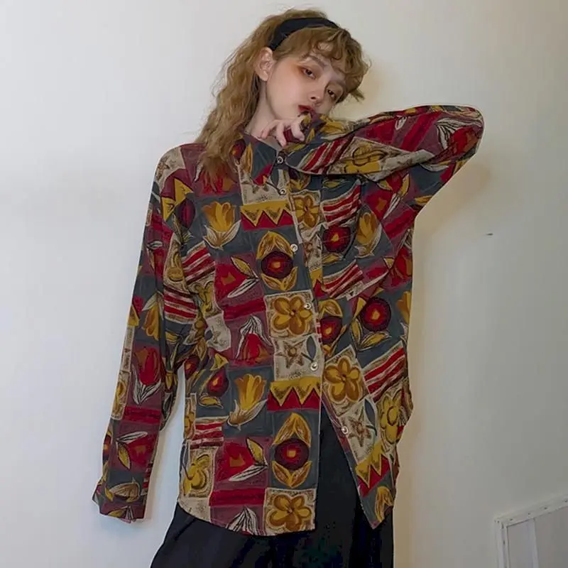 

Винтажная блузка с цветочным рисунком, женская одежда с длинными рукавами, осенние Рубашки, французские свободные нишевые шикарные ретро т...