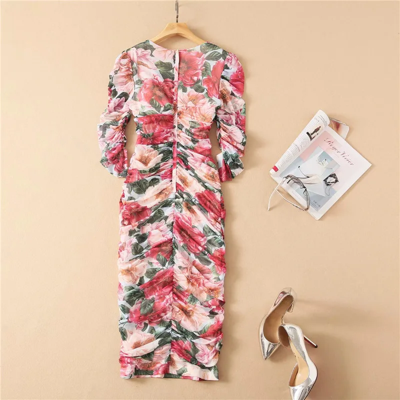 

2021 Women Spring Runway Fashion Square Collar Floral Print Sheath Bodycon Draped Mesh Dress Party Celebrity Sexy Robe Vestidos