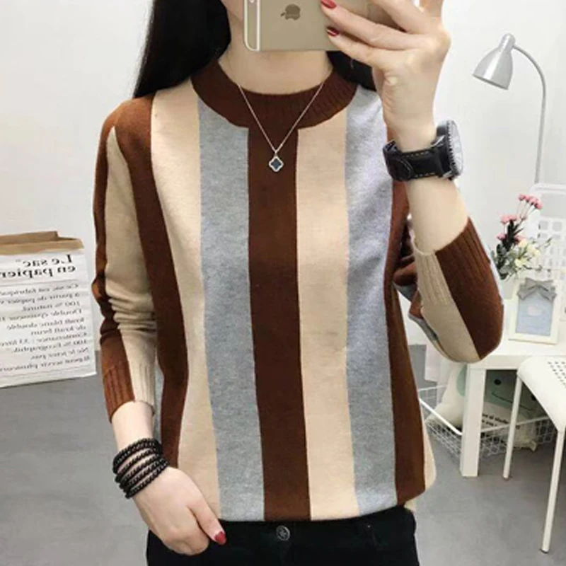 

Женский трикотажный пуловер в полоску, теплый свитер с длинным рукавом и круглым вырезом, в Корейском стиле, Осень-зима 2021