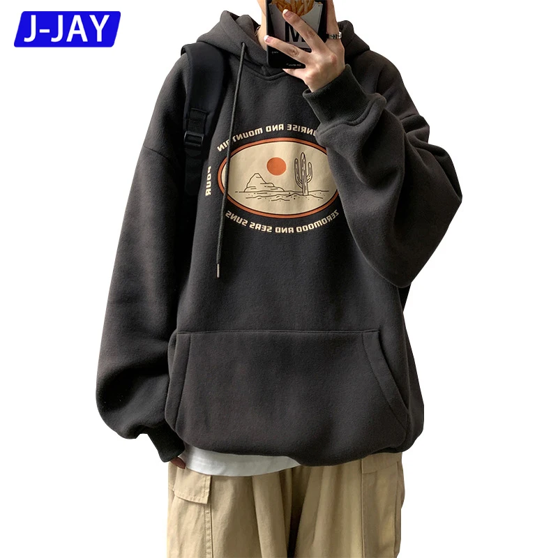 

J-Jay Brand Autumn And Winter Men Hooded Sweatshirt Plus Velvet Thickening Printing Loose Large Size Tide Brand Hong Kong Style