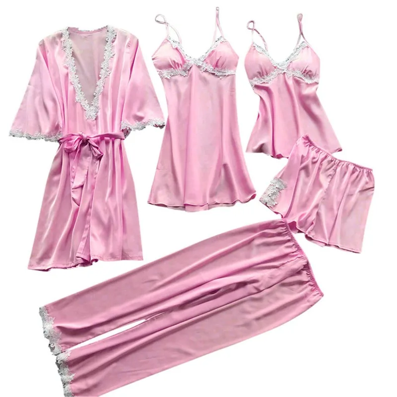 

2021 Women 4 Pieces Pajamas Sets Satin Sleepwear Silk Nightwear Pyjama Soild Strap Lace Sleep Lounge Pijama With Chest Pads