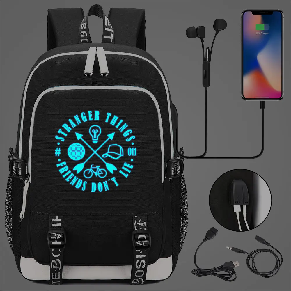 

Luminous Stranger Things USB Headphone Jack Boy Girl Kids School bag Women Bagpack Canvas Men Backpack Packsack Bookbag