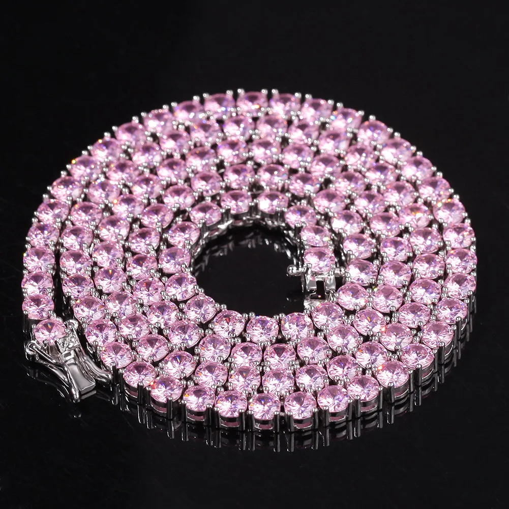 

1 Pink Stone 4mm Tennis Chain Gold Bijoux Color Hip Hop Iced AAA CZ Chain Chocker Statement Necklace Charm Gift For Men Women