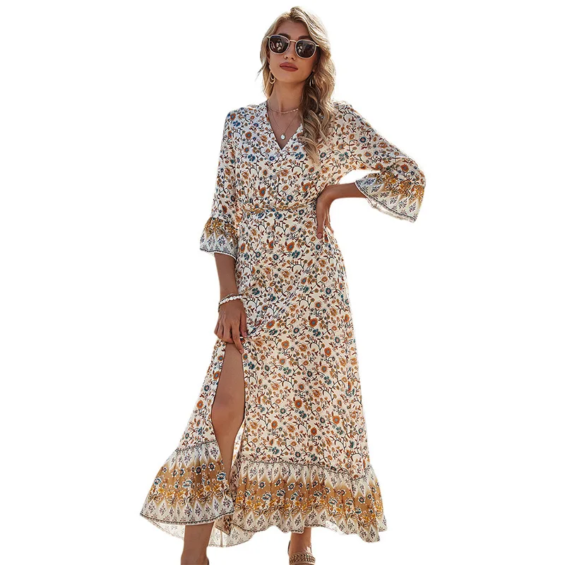 

Women's V-neck High Waist Casual Slit Bohemian Dress Female 2021 Spring New A-line Skirt