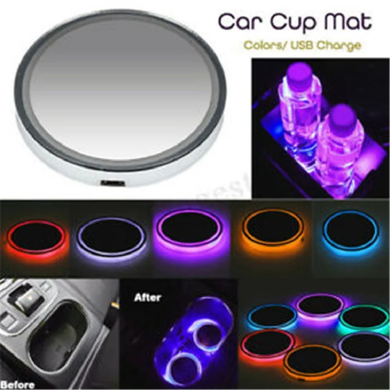 

2Pcs Car Dome LED Cup Holder Automotive Interior Lamp USB Multi- Colorful Atmosphere Light Drink Holder Anti-Slip Mat