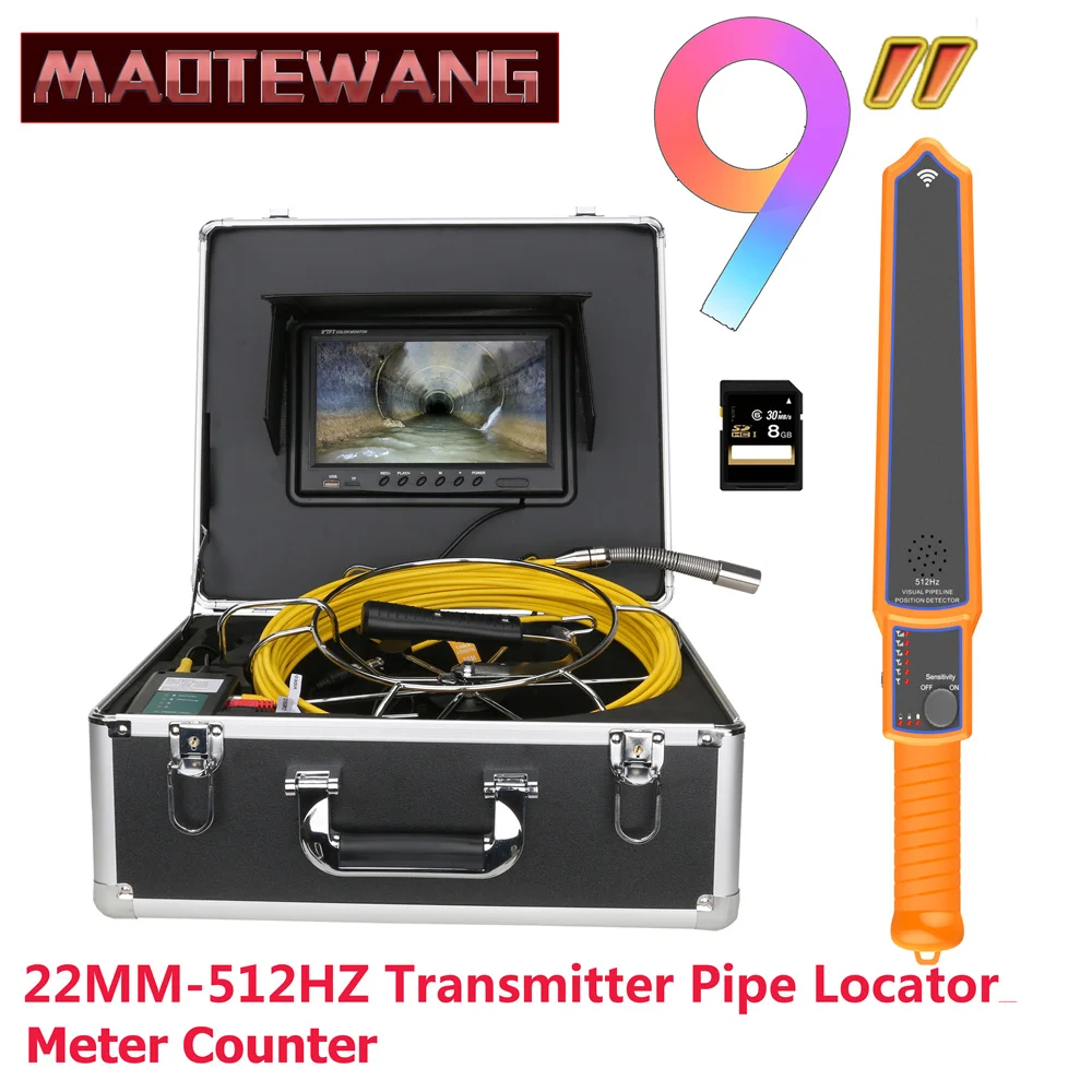 

9"DVR Sewer Pipe Inspection Video Camera with Meter Counter 512HZ Pipe Locator 22MM IP68 HD 1000TVL Industrial Endoscope System