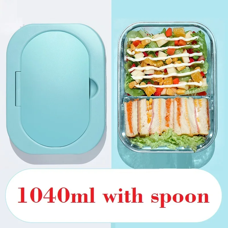 1040ml with spoon Microwavable стеклянный Ланч-бокс с разделителем, крышкой, сумкой; приготовление еды стеклянные контейнеры для хранения продуктов с 2 отсеками; ланч-контейнер - Цвет: 1040ml with spoon