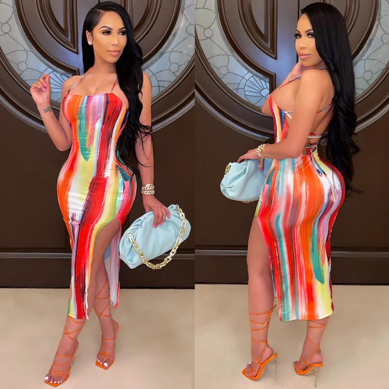 

Tie Dye Printed Off Shoulder Open Back Maxi Dress for Women Bodycon Sleeveless Splited Side Pencil Midi Long Dresses Summer 2021