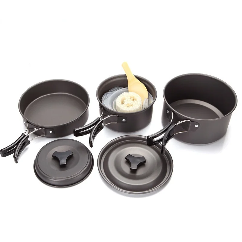 Outdoor Camping Gray Pot Set Portable Two-Layer Non-Stick Cookware for 2-3 People Durable