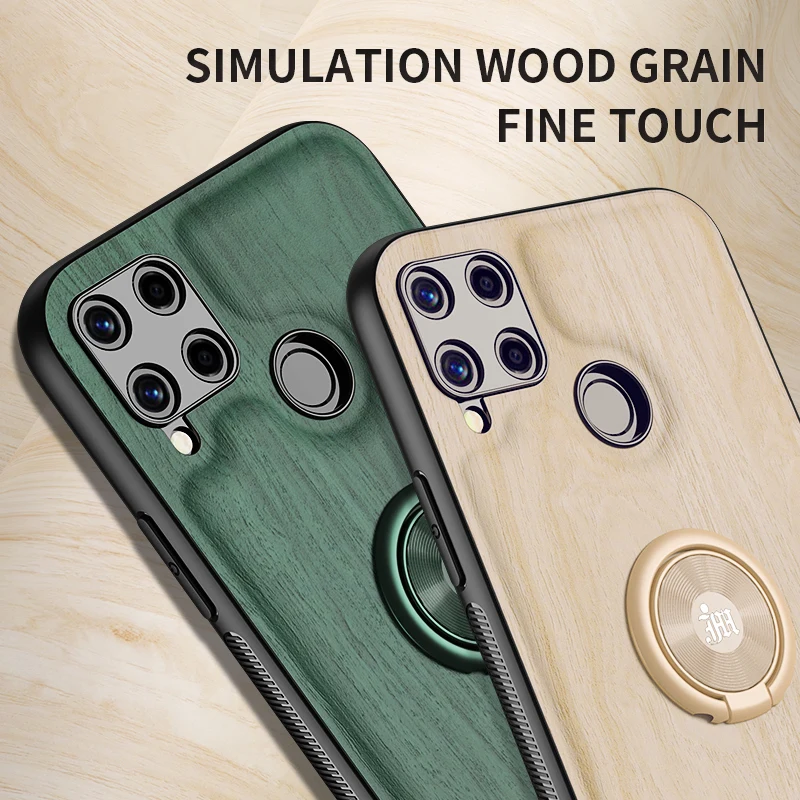 for oppo realme c15 12 v5 adsorption ring bracket cover cases bionic wood grain splicing phone case free global shipping