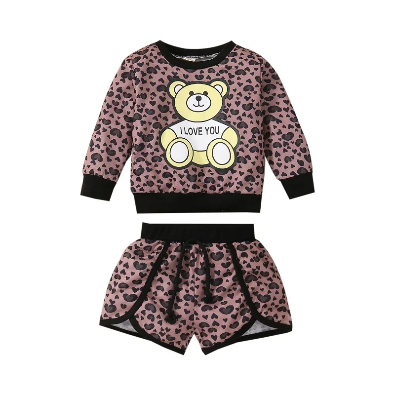 

0-6Y Toddler Kids Baby Boy Girl Leopard Outfit Long Sleeve Bear Pattern Pullover Tops Shorts Pant Bottom 2PCS Autumn Clothes Set