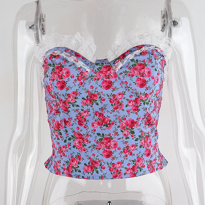 

ALLNeon Y2K Vintage Lace Trim Strapless Floral Crop Tops 2000s Aesthetics Red Flowers Sleeveless Tank Tops Streetwear Cute Slim