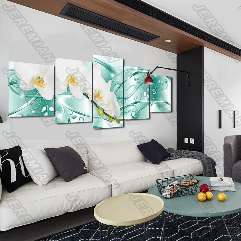 

White Flower Green Background Poster Nordic Style Wall Art Canvas Print Painting Modern Living Room Decoration