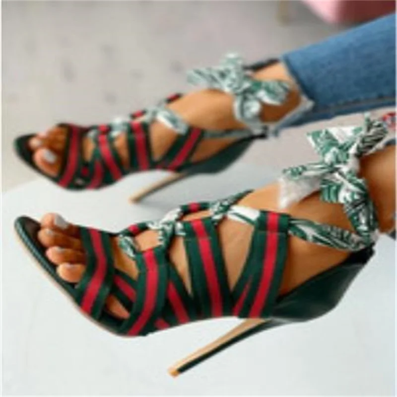 

Women's Color Matching Large Size Thin High-Heeled Sandals 2021 Foreign Trade New Fashion Versatile Cross Strap Fashion Sandals