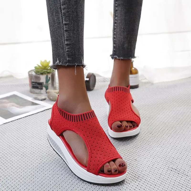 

Summer Platform Women's Sandals Peep Toe Pump Mesh Female Falt With Shoes Elastic Band Hollow Out Casual And Comfortable Sandals