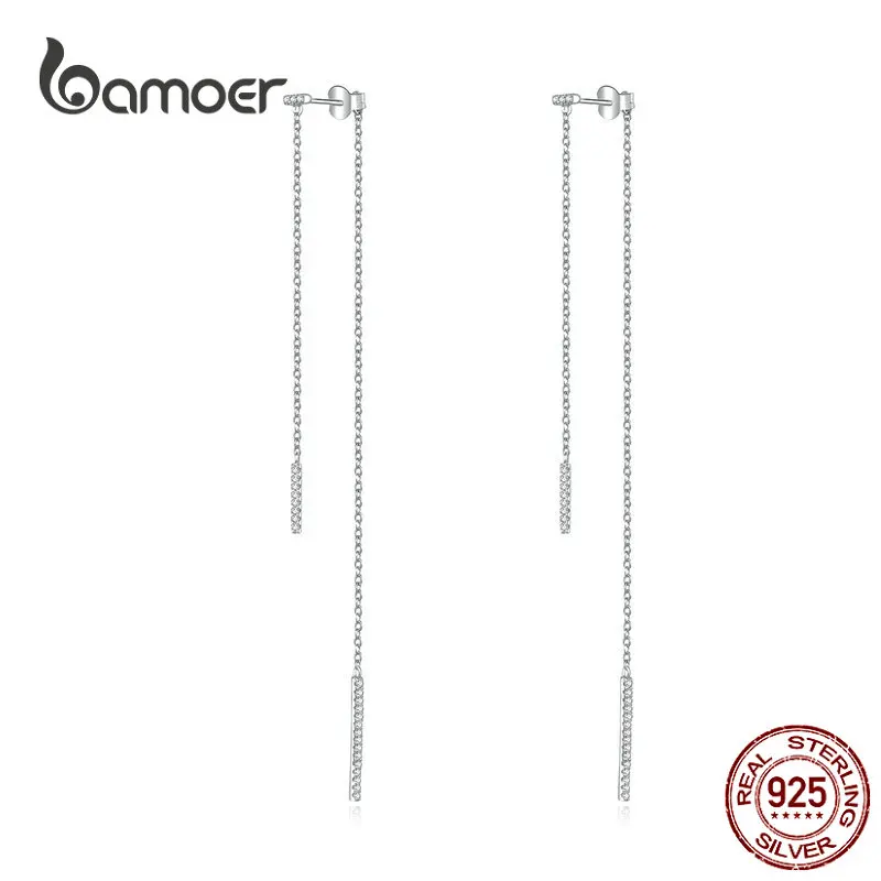 Bamoer, серебряные Простые геометрические серьги-Цепочки, 925 пробы, серебро AAA, кубический цирконий, ослепительные серьги-капли для женщин, подарок, BSE186
