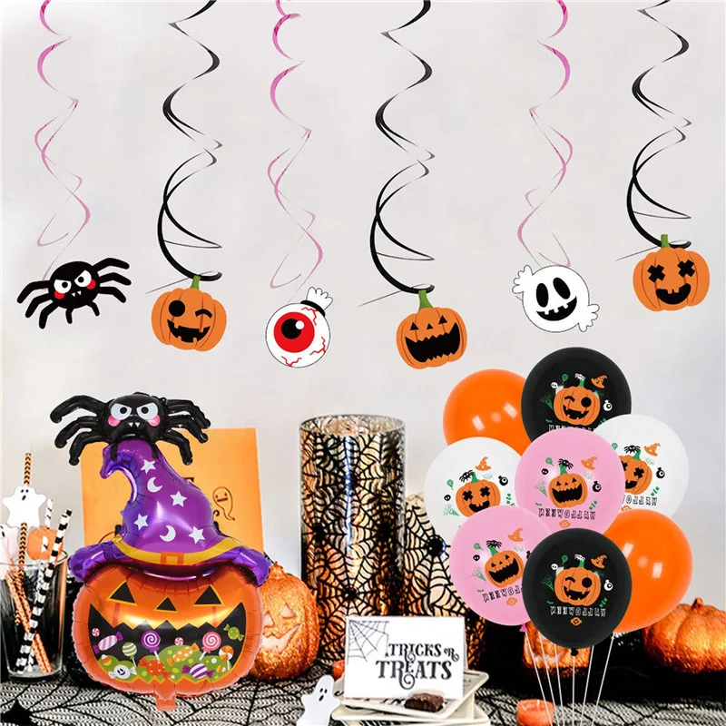 

29 Pieces Balloons Kits Halloween Floral Print Balloon Letter Banner Pumpkin Pendant Set for Theme Party Holidays