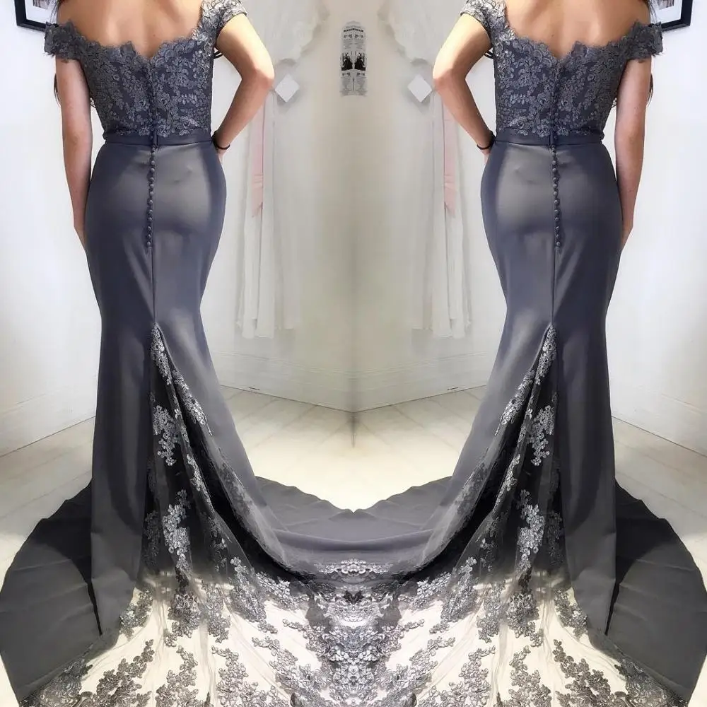 

Женское вечернее платье-русалка, элегантное серое кружевное платье с открытыми плечами в стиле бохо для выпускного вечера, длинное платье с...