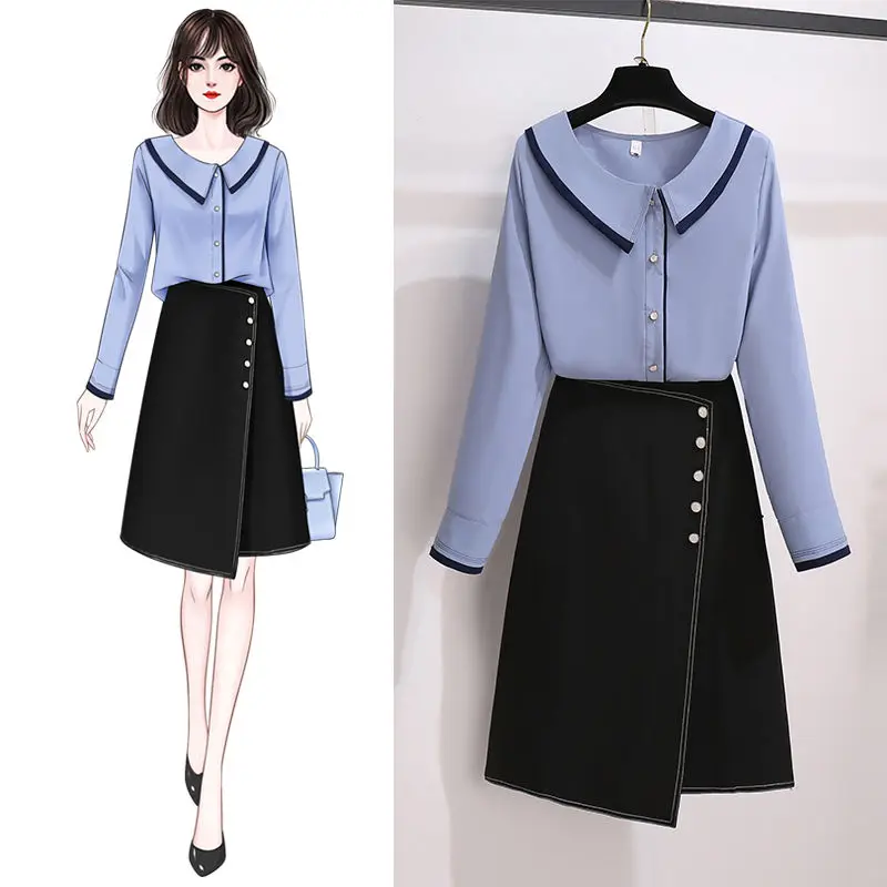 

Women 2021 Summer 2 Piece Set Suit Female Long Sleeve Blouse Shirts Tops and A-line Midi Skirt Casual Top and Skirt Set B157