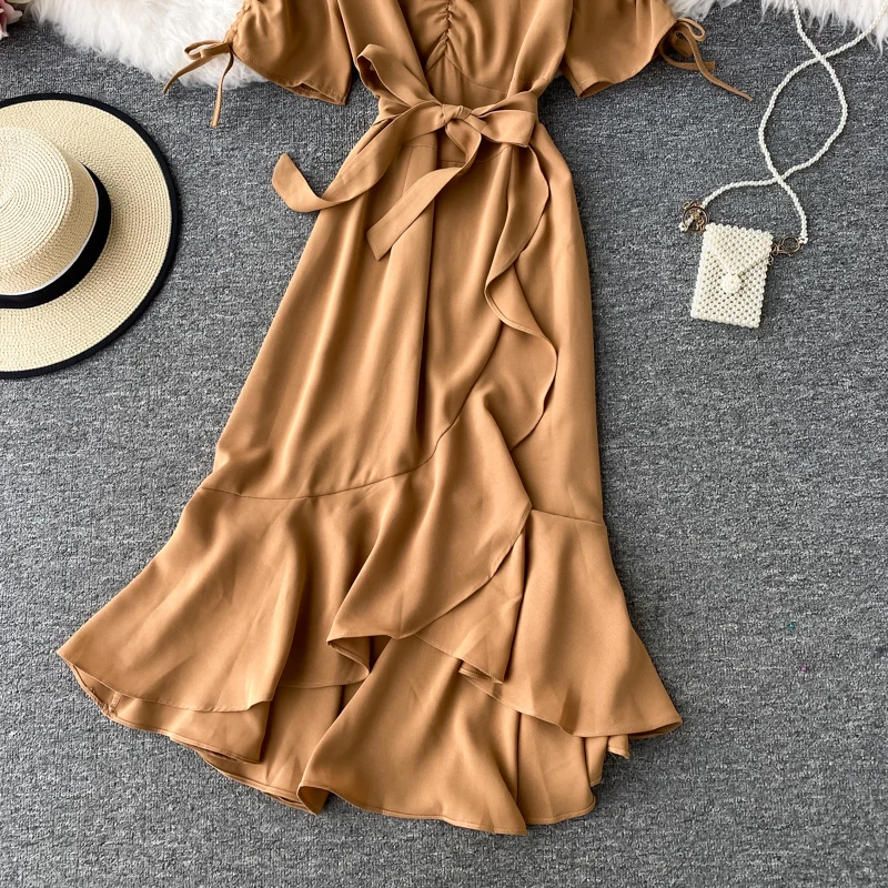 

Summer 2021 Women Irregular Midi Dress Women Sexy V-Neck Short Sleeve High Waist Ruffle Vestidos Female Casual Robe With Sashes