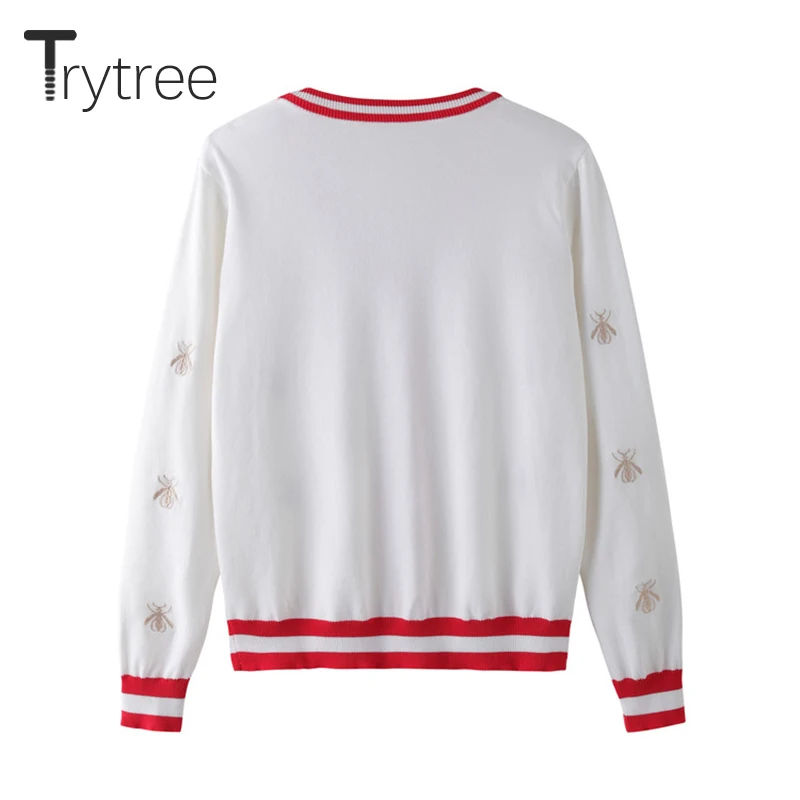 Trytree Autumn Winter Women Casual Sweater Button Bee embroidery V-Neck Cardigans Computer Knitted Single Breasted Tops |