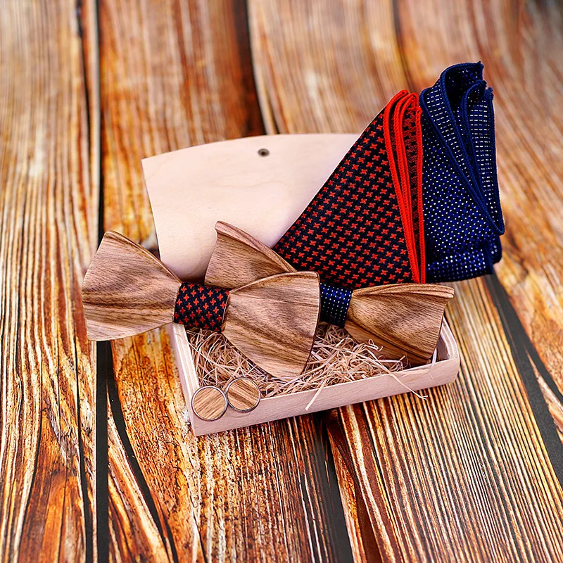 

Linbaiway Vintage Wooden Bowtie Pocket Square Cufflinks Set Male Shirt Handkerchief Bow Tie Noeud Paperon Man Butterfly Tie