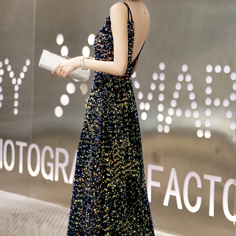 

Sleeveless Evening Dresses Backless V-Neck Plus size A-line Floor-length Simple Sequins Luxurious Woman Formal Party Dress A257