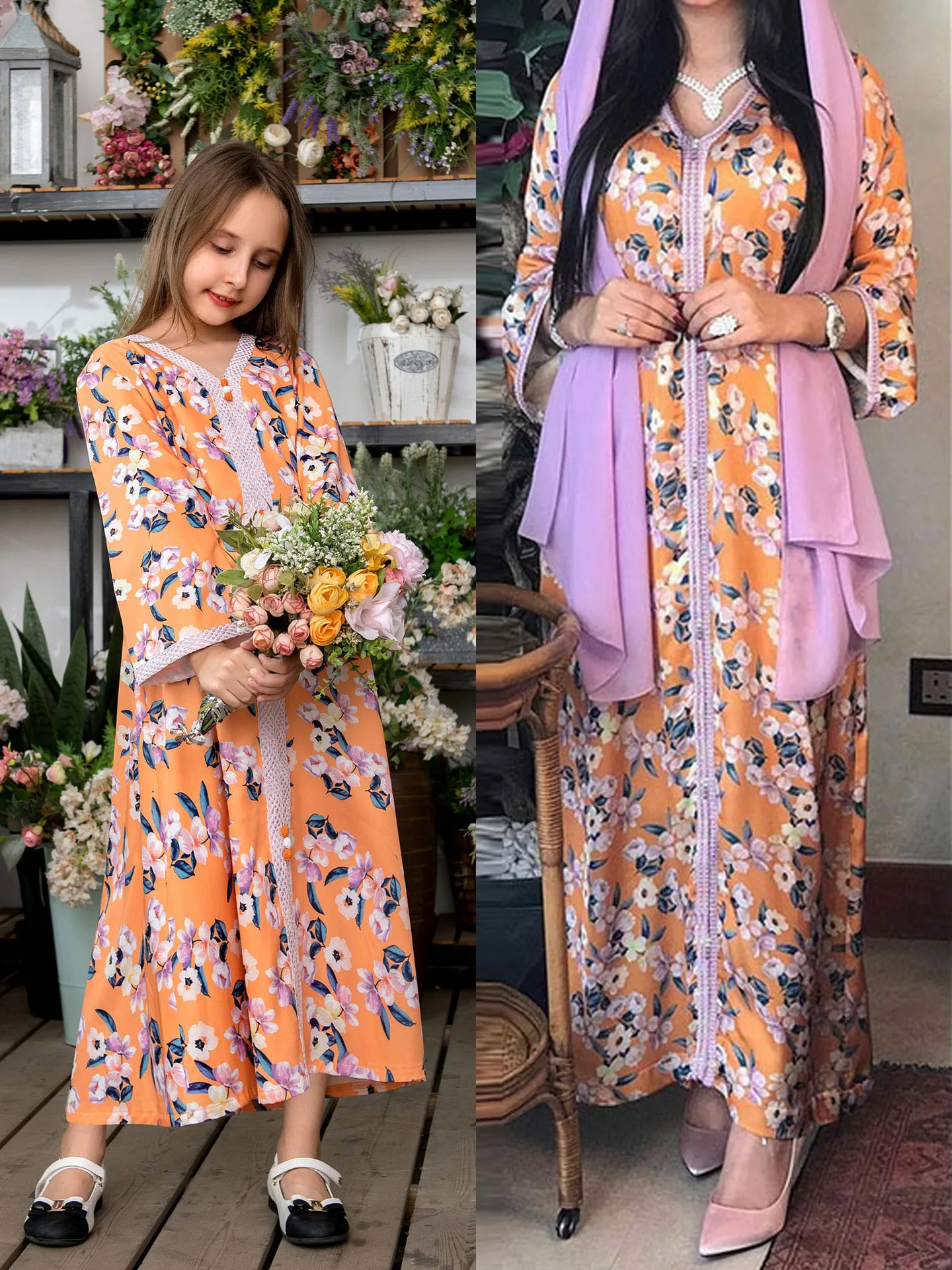 

Floral Print Mother Daughter Matching Dress Evening Party Ball Gown Jalabiya Arabian Clothing Ramadan Eid Mom and Girl Abaya