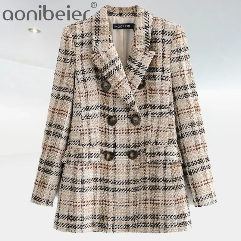 Aonibeier 2021 винтажный Ретро клетчатый узор двубортный Женский Повседневный блейзер