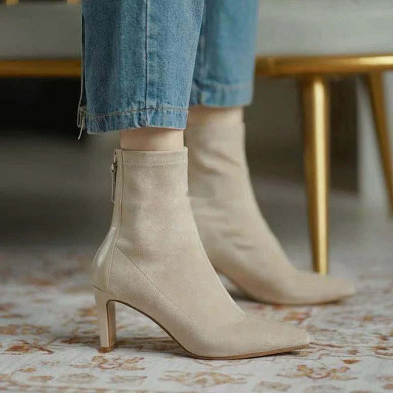 

2021 Fashion Women's Black Ankle Sock Boots Spring/ Autumn Stretch Boots Thin High Heels Pointed Toe Kopmkp Women's