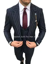 Veste et pantalon à rayures bleu marine, 3 pièces, Blazer à revers, costume de mariage, Tuxedo, meilleur homme, manteau + pantalon + gilet  (2)