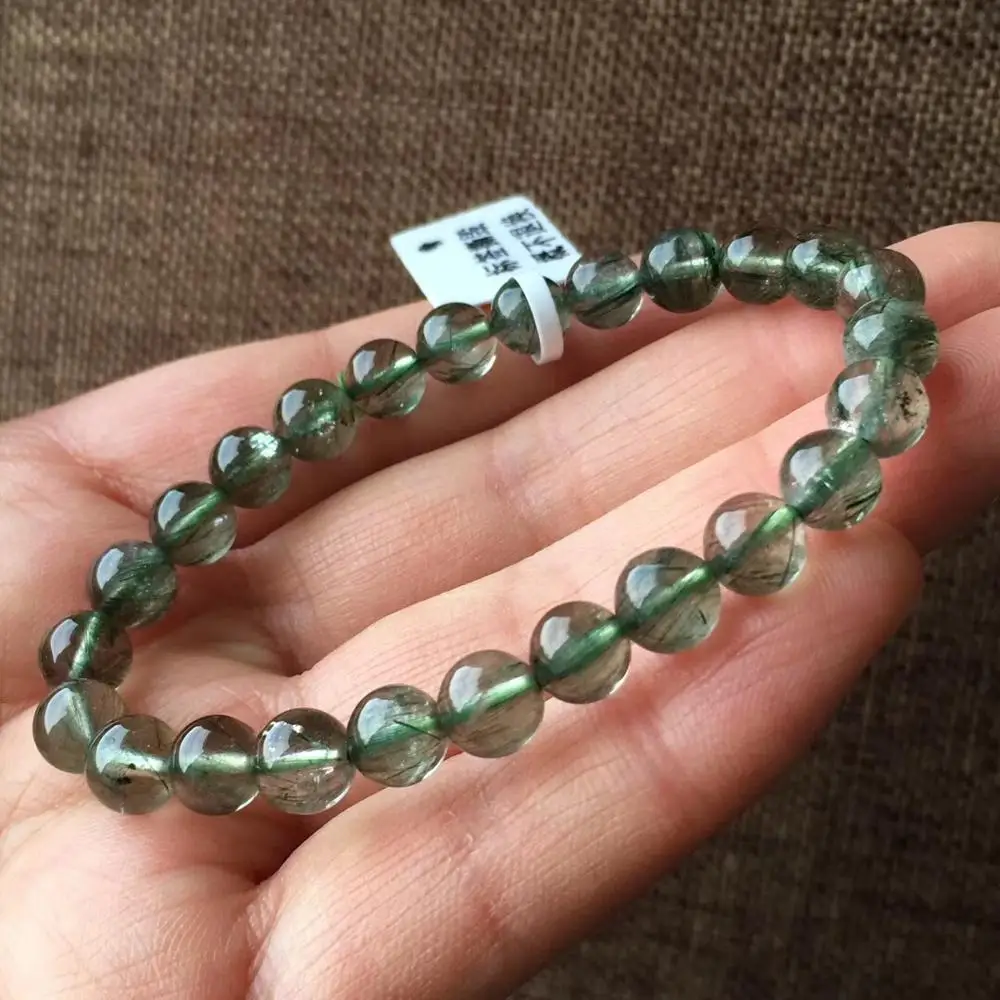

7mm Top Natural Green Hair Rutilated Quartz Bracelet For Woman Brazil Round Beads Love Crsytal Gemstone Fashion Jewelry AAAAA