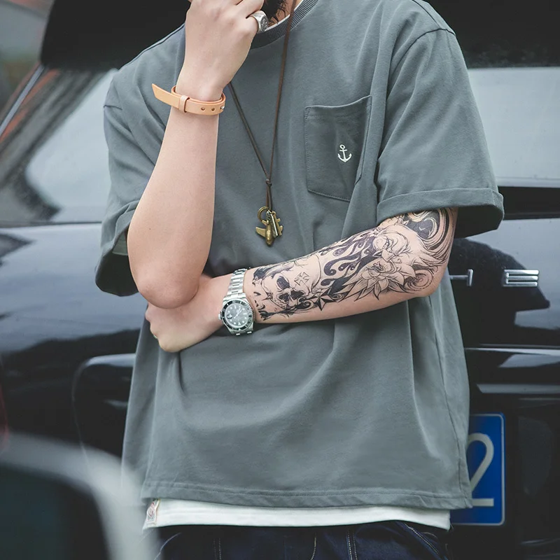 

Футболка мужская с якорем, маленький хлопковый винтажный однотонный топ с коротким рукавом, темно-серая