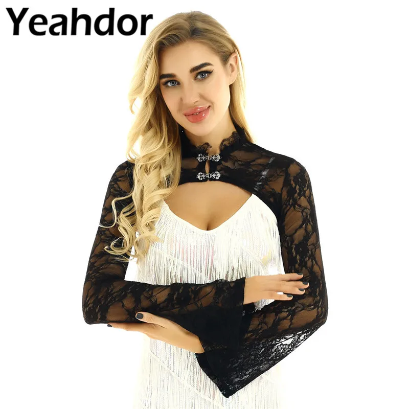 

Womens Vintage Stand Collar Long Flared Sleeves See Through Sheer Lace Crop Top Form Fitting Shrugs Beach Dress Cover Up Wrap