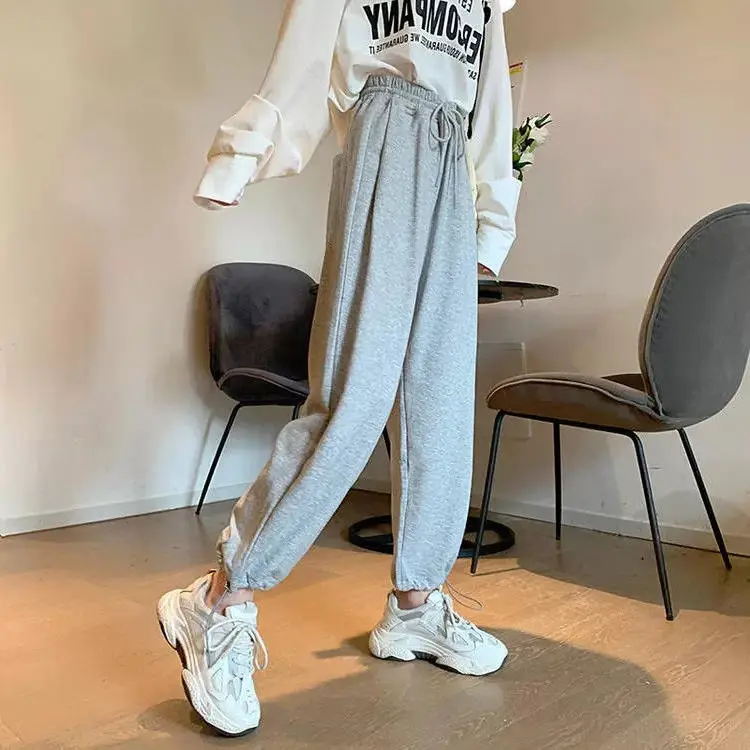 

Drawstring grey sports pants women's summer Korean loose casual student's slim legged father's Lantern straight pants