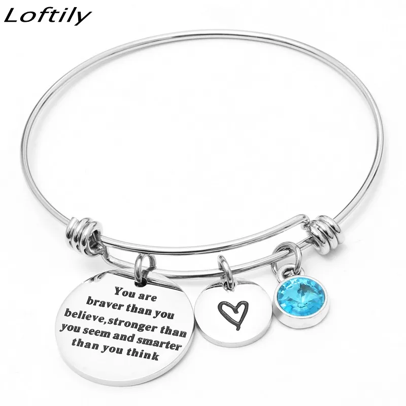 Женский браслет с регулируемыми буквами и камнями рождения из нержавеющей стали "Вдохновение, мужество и дружеские узы"