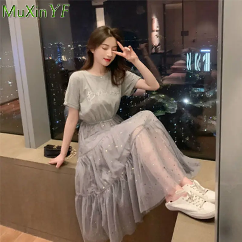 

Summer Light Dress Women 2021 Vintage Embroidery Sexy A-Line Skirt Korean Short-Sleeved Midi Skirts Mesh Plus Size Long Dresses