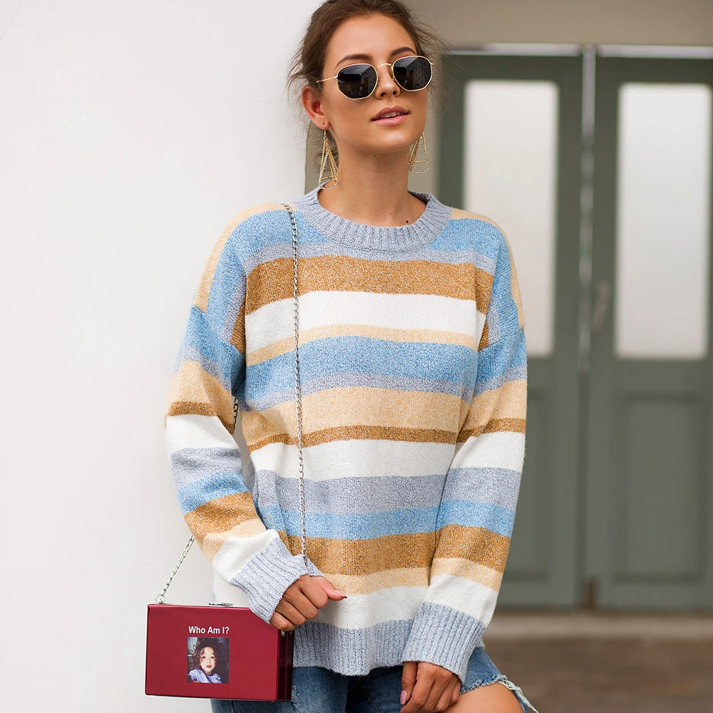 2019 осенний полосатый вязаный свитер для женщин с круглым вырезом бархатные