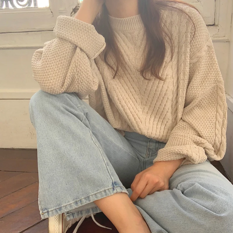 

Autumn Korean Vintage Chic Sweaters Women Casual O Neck Drop Shoulder Solid Color Loose Harajuku Pullovers Jumpers for Student