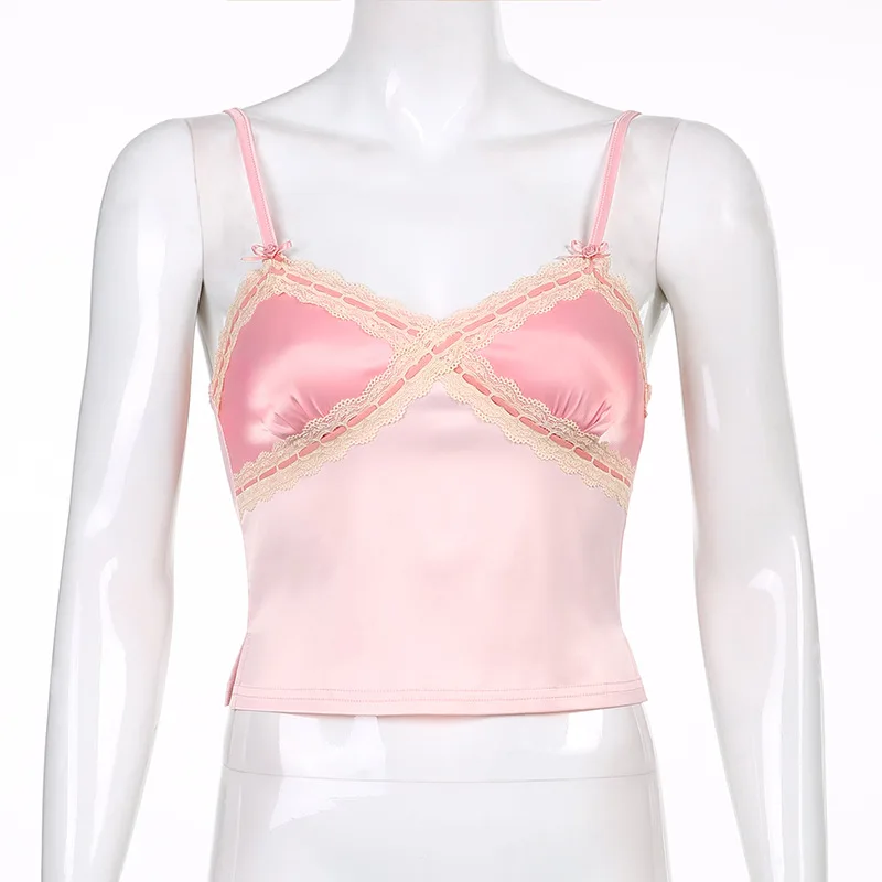 

ALLNeon Summer 2000s Aesthetics Pink Satin Cami Tops Y2K Fashion Cute Backless Patchwork Criss-Cross Lace Crop Tops 2021 Kawaii