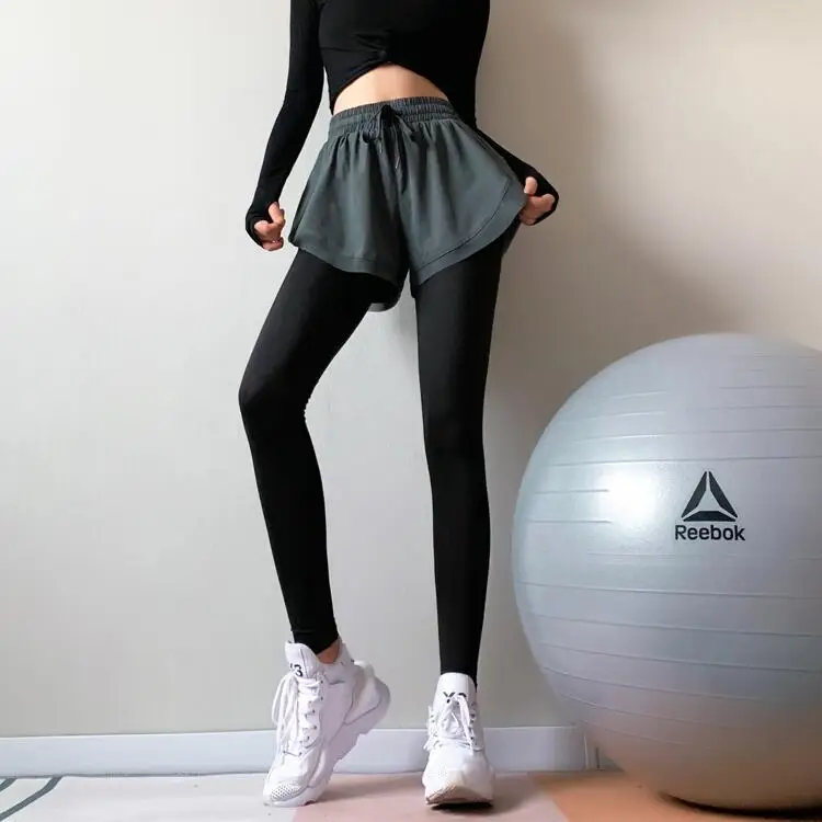 

High Waist Stretch Fake Two-Piece Fitness Pants Women's Tight Running Pants Skirt Summer Yoga Clothes Quick-Drying Thin Exercise